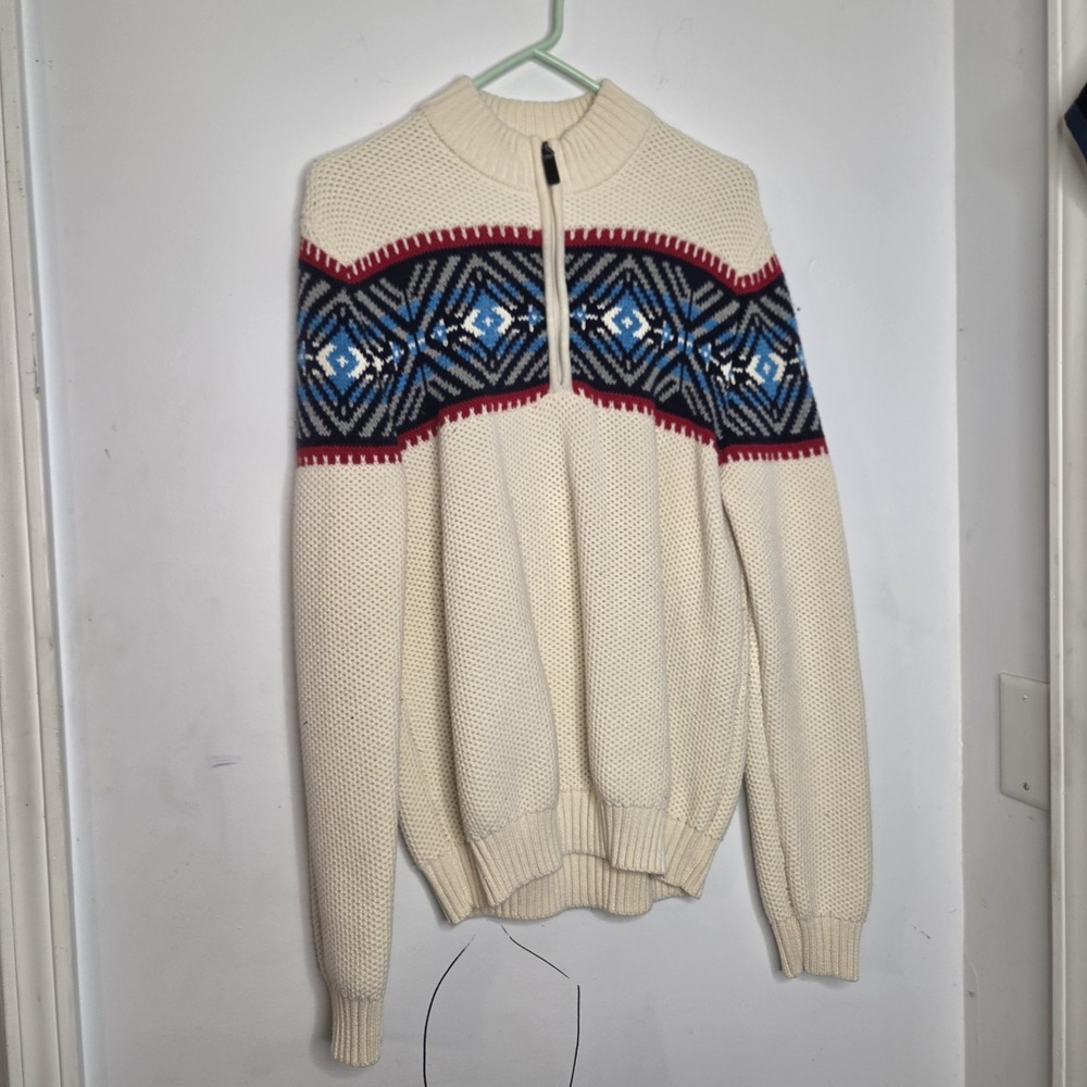 Izod Mens Large Cream Fair Isle Geometric Quarter Zip Popcorn Knit Sweater